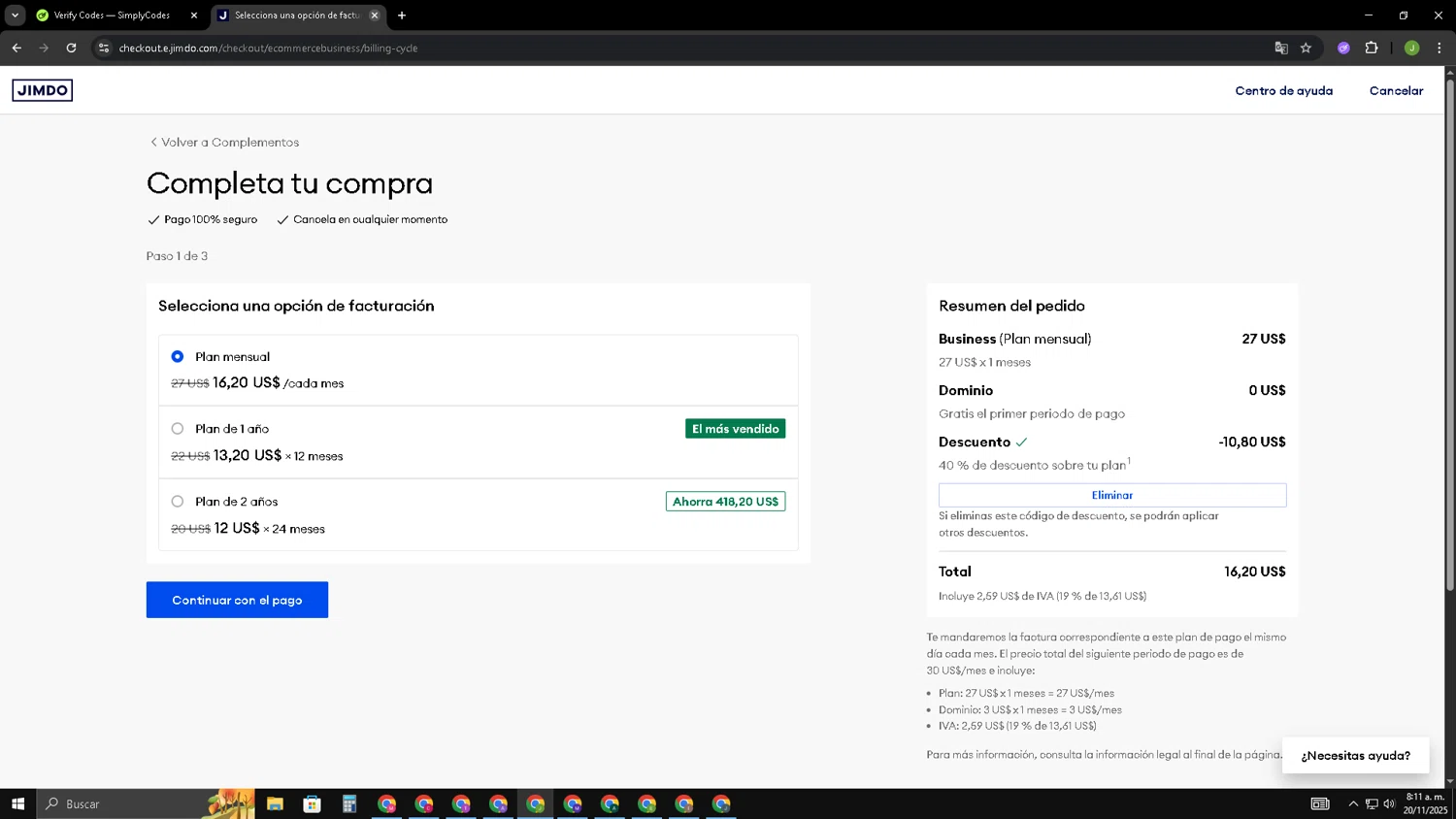 Jimdo promo code screenshot showing code JIMDO40 applied at Jimdo checkout page. Uploaded by SimplyCodes community member SAIKOO on Nov 20, 2025