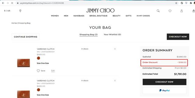 Jimmy Choo checkout page showing Jimmy Choo promo code box | Screenshot taken by SimplyCodes community member on Mar 19, 2021