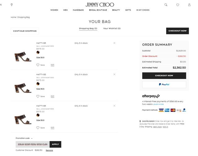 Jimmy Choo checkout page showing Jimmy Choo promo code box | Screenshot taken by SimplyCodes community member on Mar 19, 2021