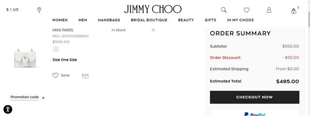 Jimmy Choo checkout page showing Jimmy Choo promo code box | Screenshot taken by SimplyCodes community member on Mar 19, 2021