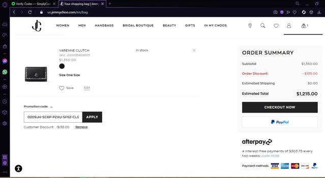 Jimmy Choo checkout page showing Jimmy Choo promo code box | Screenshot taken by SimplyCodes community member on Mar 19, 2021