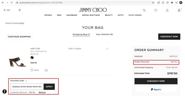 Jimmy Choo checkout page showing Jimmy Choo promo code box | Screenshot taken by SimplyCodes community member on Mar 23, 2021