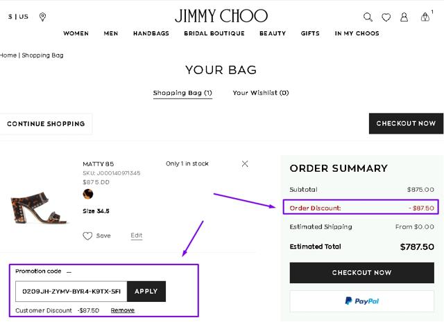 Jimmy Choo checkout page showing Jimmy Choo promo code box | Screenshot taken by SimplyCodes community member on Mar 23, 2021