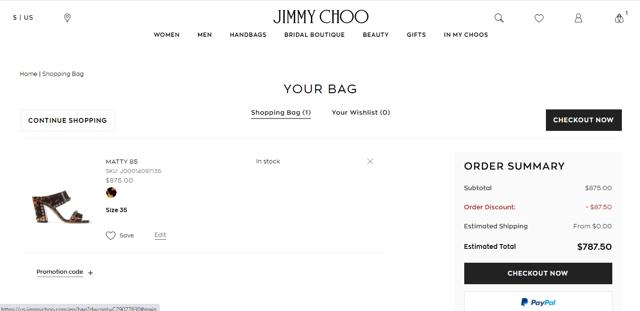Jimmy Choo checkout page showing Jimmy Choo promo code box | Screenshot taken by SimplyCodes community member on Mar 23, 2021