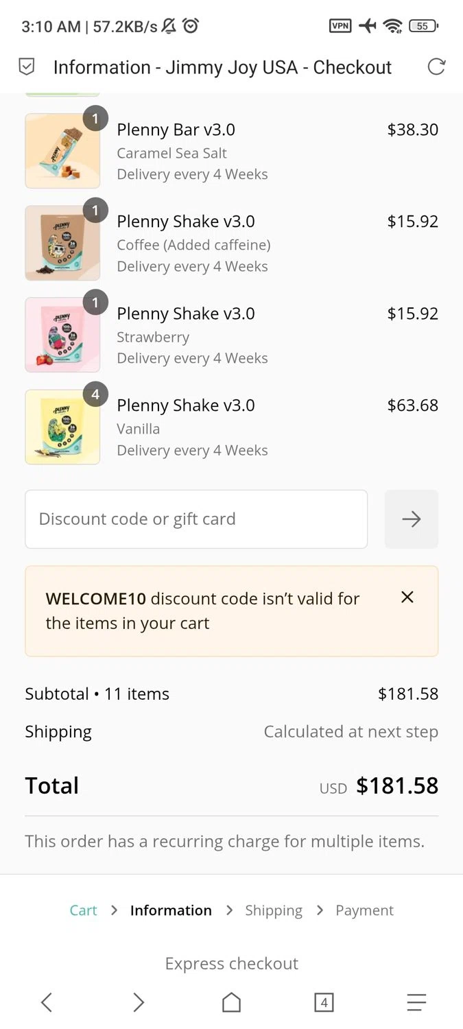 Jimmy Joy discount code screenshot showing code WELCOME10 applied at Jimmy Joy checkout page. Uploaded by SimplyCodes community member Bernard_Lowe on Jan 27, 2025