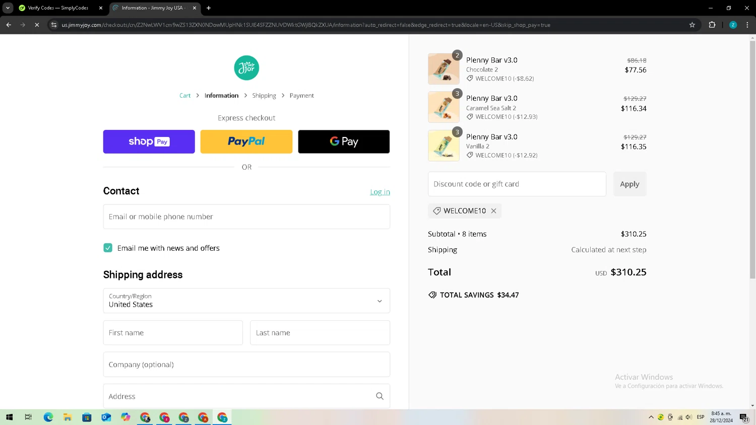 Jimmy Joy discount code screenshot showing code WELCOME10 applied at Jimmy Joy checkout page. Uploaded by SimplyCodes community member Zxdqui on Dec 28, 2024