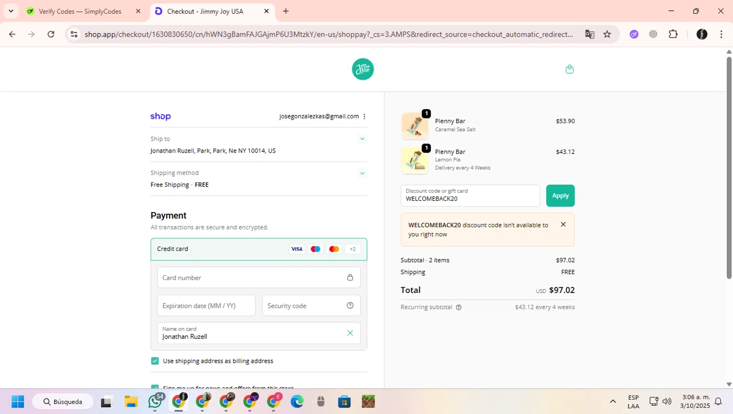 Jimmy Joy discount code screenshot showing code WELCOMEBACK20 applied at Jimmy Joy checkout page. Uploaded by SimplyCodes community member ChinoYugiXD on Oct 3, 2025