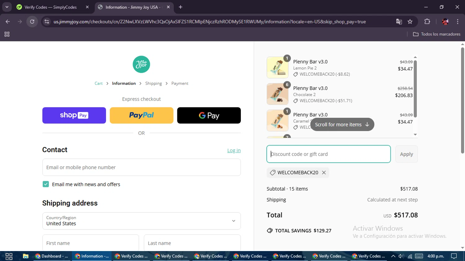 Jimmy Joy discount code screenshot showing code WELCOMEBACK20 applied at Jimmy Joy checkout page. Uploaded by SimplyCodes community member SavingsEagle5772 on Apr 3, 2025