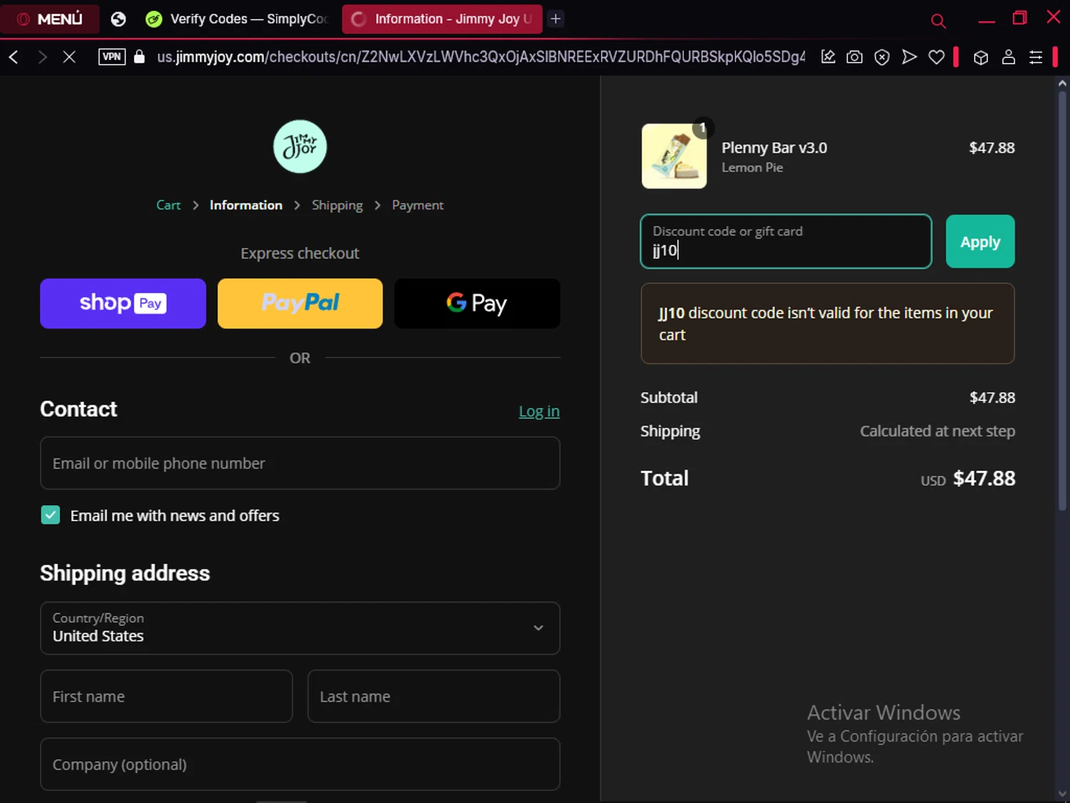 Jimmy Joy discount code screenshot showing code jj10 applied at Jimmy Joy checkout page. Uploaded by SimplyCodes community member LegendaryFox9861 on Mar 18, 2025