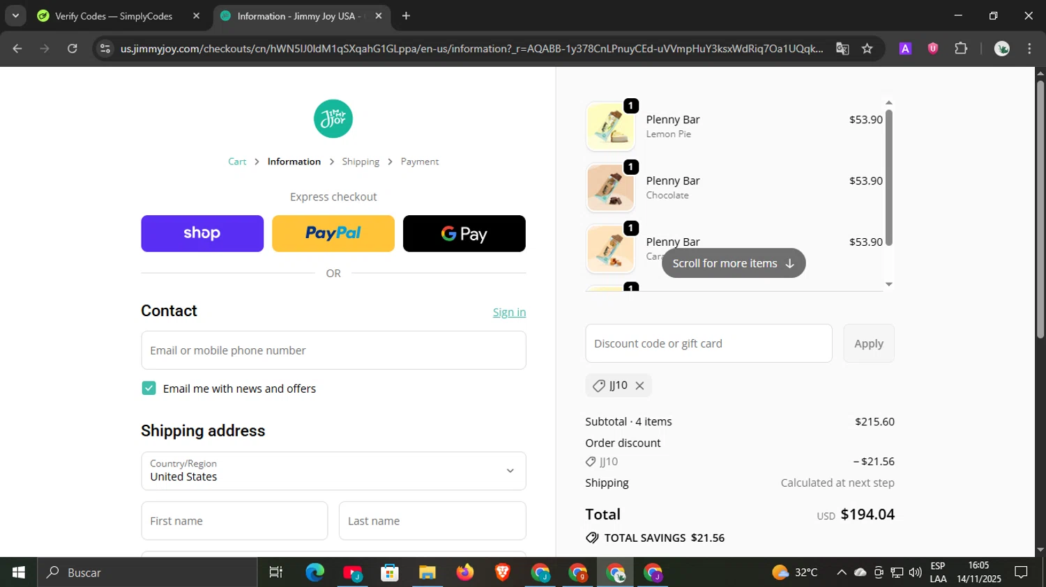 Jimmy Joy discount code screenshot showing code jj10 applied at Jimmy Joy checkout page. Uploaded by SimplyCodes community member underwater on Nov 14, 2025