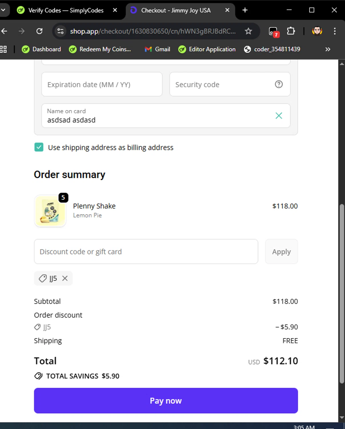 Jimmy Joy discount code screenshot showing code JJ5 applied at Jimmy Joy checkout page. Uploaded by SimplyCodes community member ArizaJuan on Oct 3, 2025