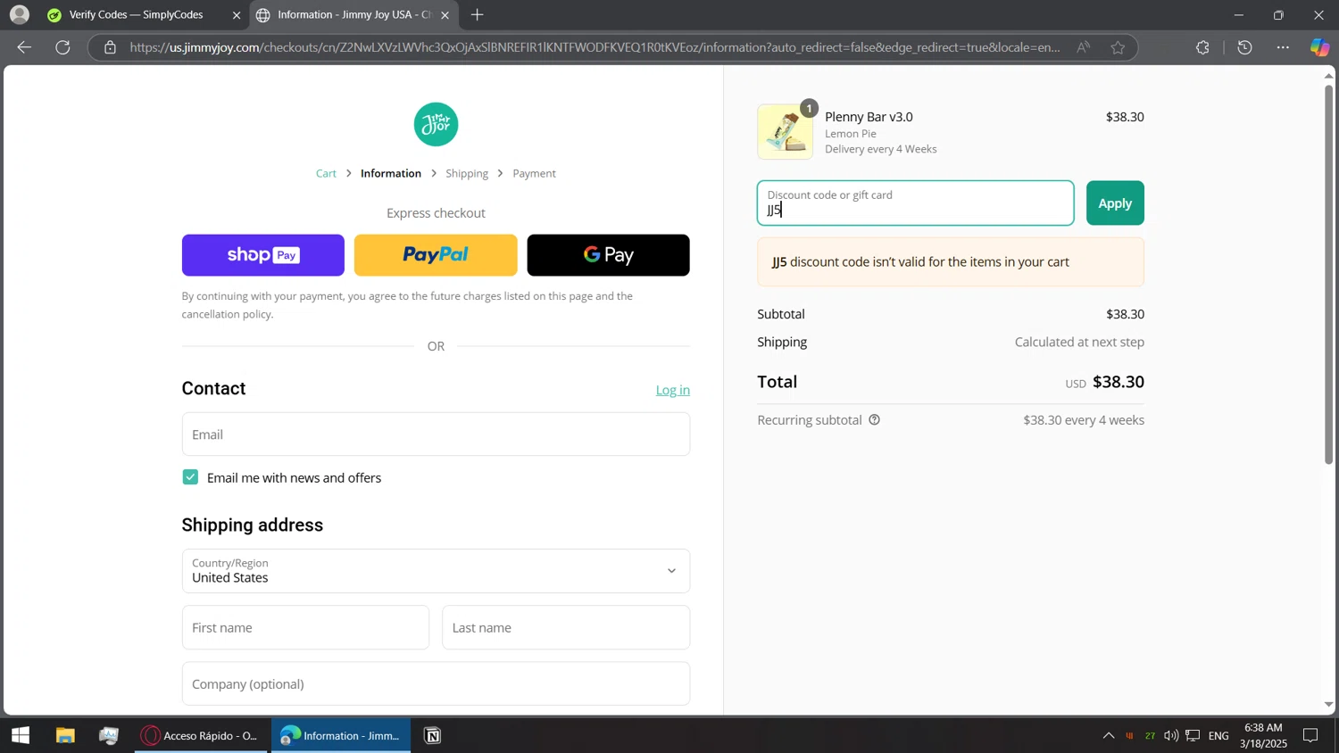 Jimmy Joy discount code screenshot showing code JJ5 applied at Jimmy Joy checkout page. Uploaded by SimplyCodes community member BorgeZzz on Mar 18, 2025