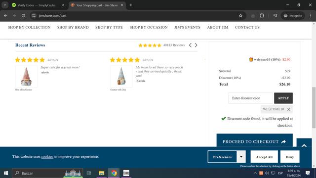 Jim Shore checkout page showing Jim Shore discount code box | Screenshot taken by SimplyCodes community member on Apr 15, 2024