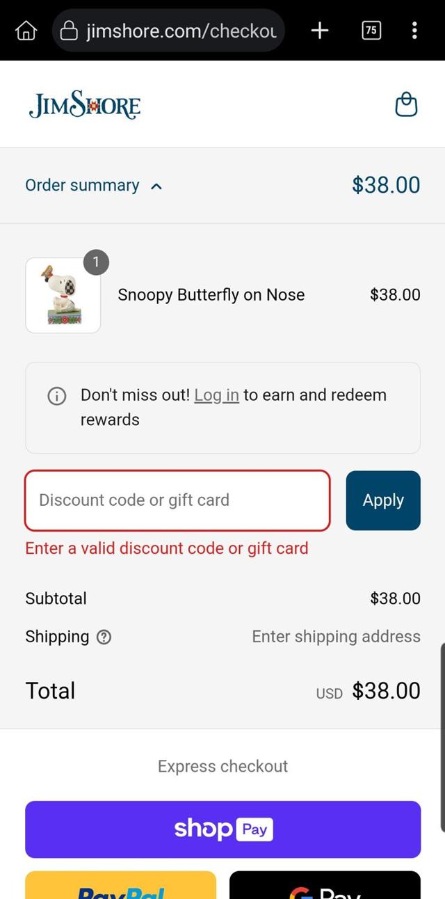 Jim Shore checkout page showing Jim Shore discount code box | Screenshot taken by SimplyCodes community member on Apr 8, 2025