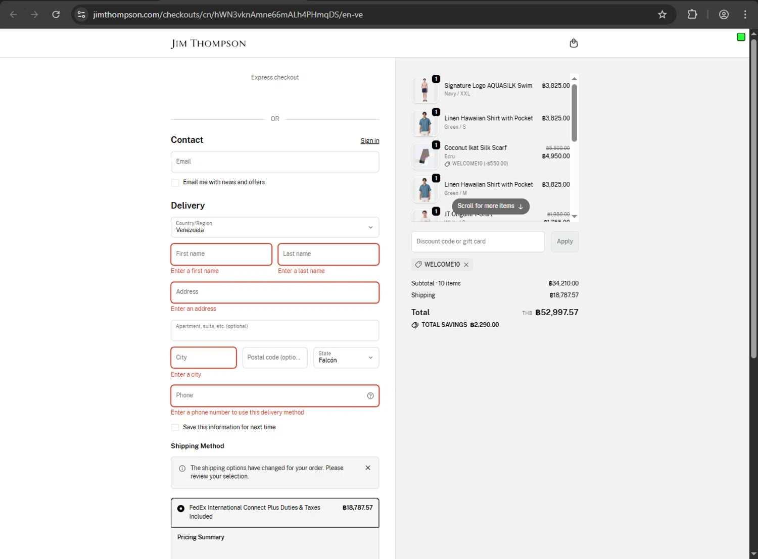 Jim Thompson discount code screenshot showing code WELCOME10 applied at Jim Thompson checkout page. Uploaded by SimplyCodes community member CouponHawk7847 on Oct 9, 2025