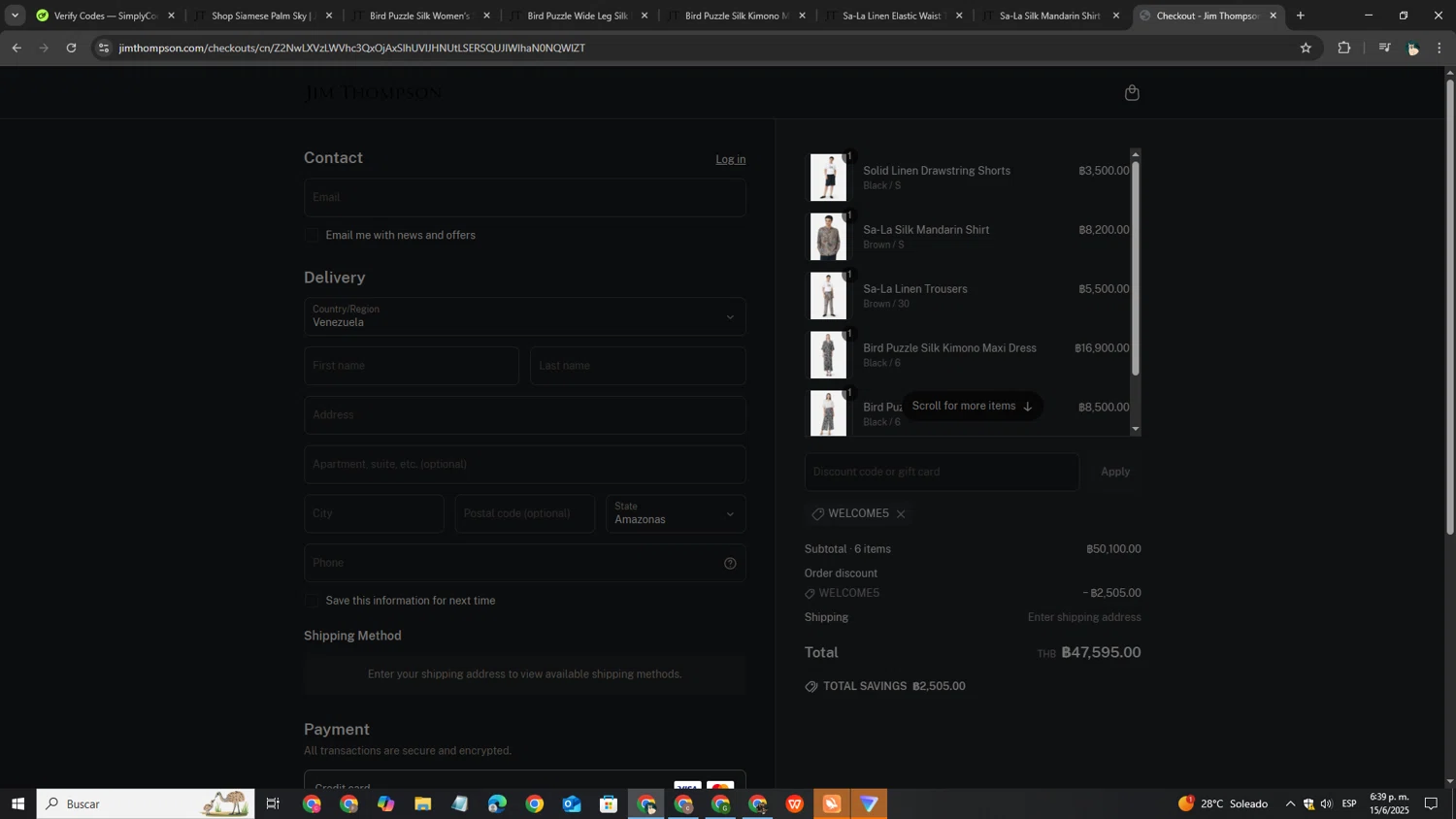Jim Thompson discount code screenshot showing code WELCOME5 applied at Jim Thompson checkout page. Uploaded by SimplyCodes community member EpicPro4648 on Jun 15, 2025