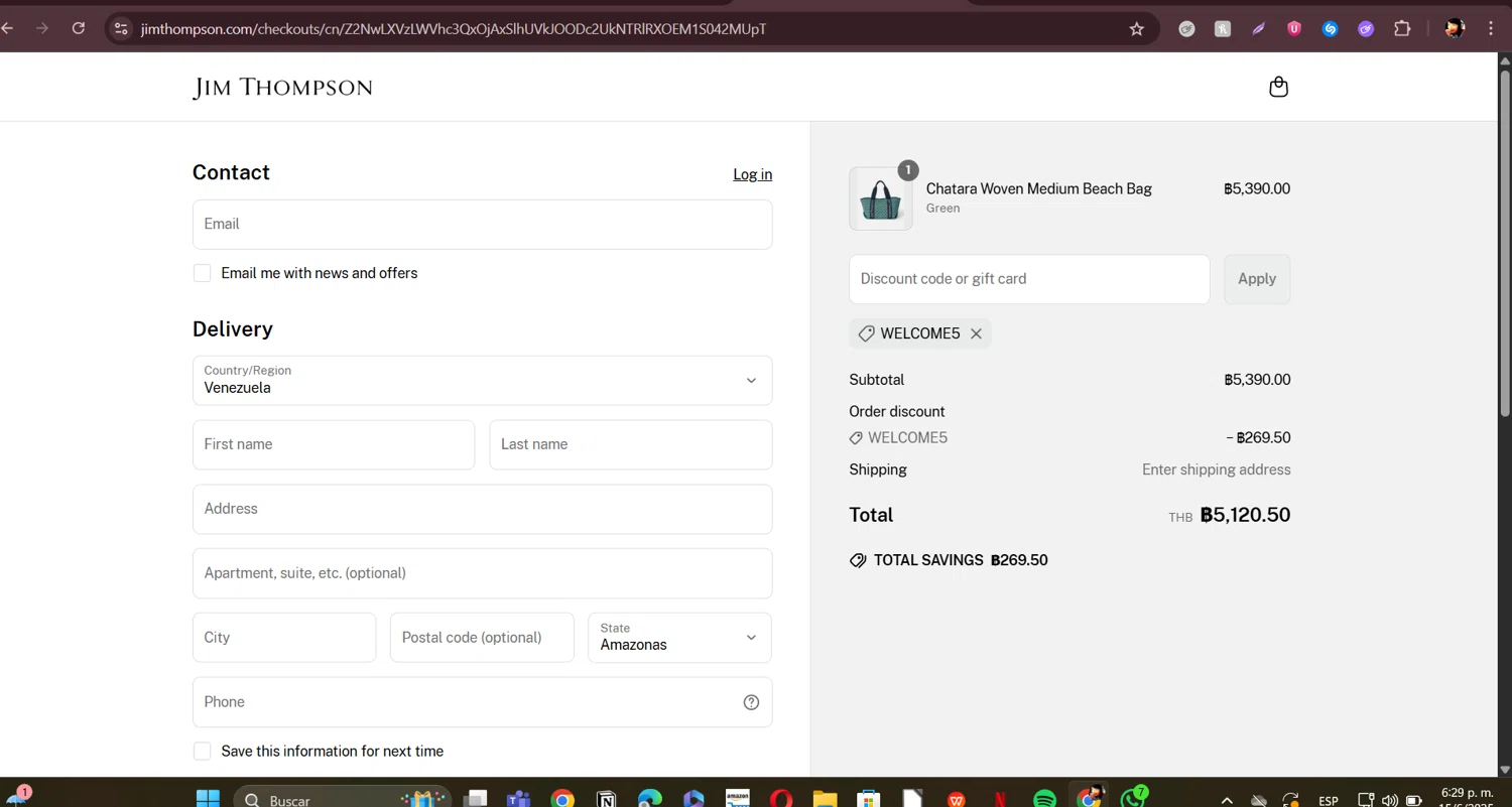 Jim Thompson discount code screenshot showing code WELCOME5 applied at Jim Thompson checkout page. Uploaded by SimplyCodes community member ERI0810 on Jun 15, 2025