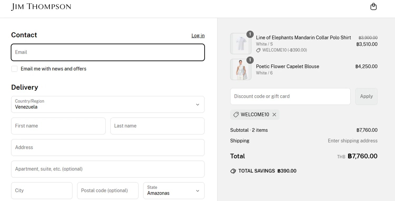 Jim Thompson discount code screenshot showing code WELCOME10 applied at Jim Thompson checkout page. Uploaded by SimplyCodes community member aumentadax10 on Jun 15, 2025