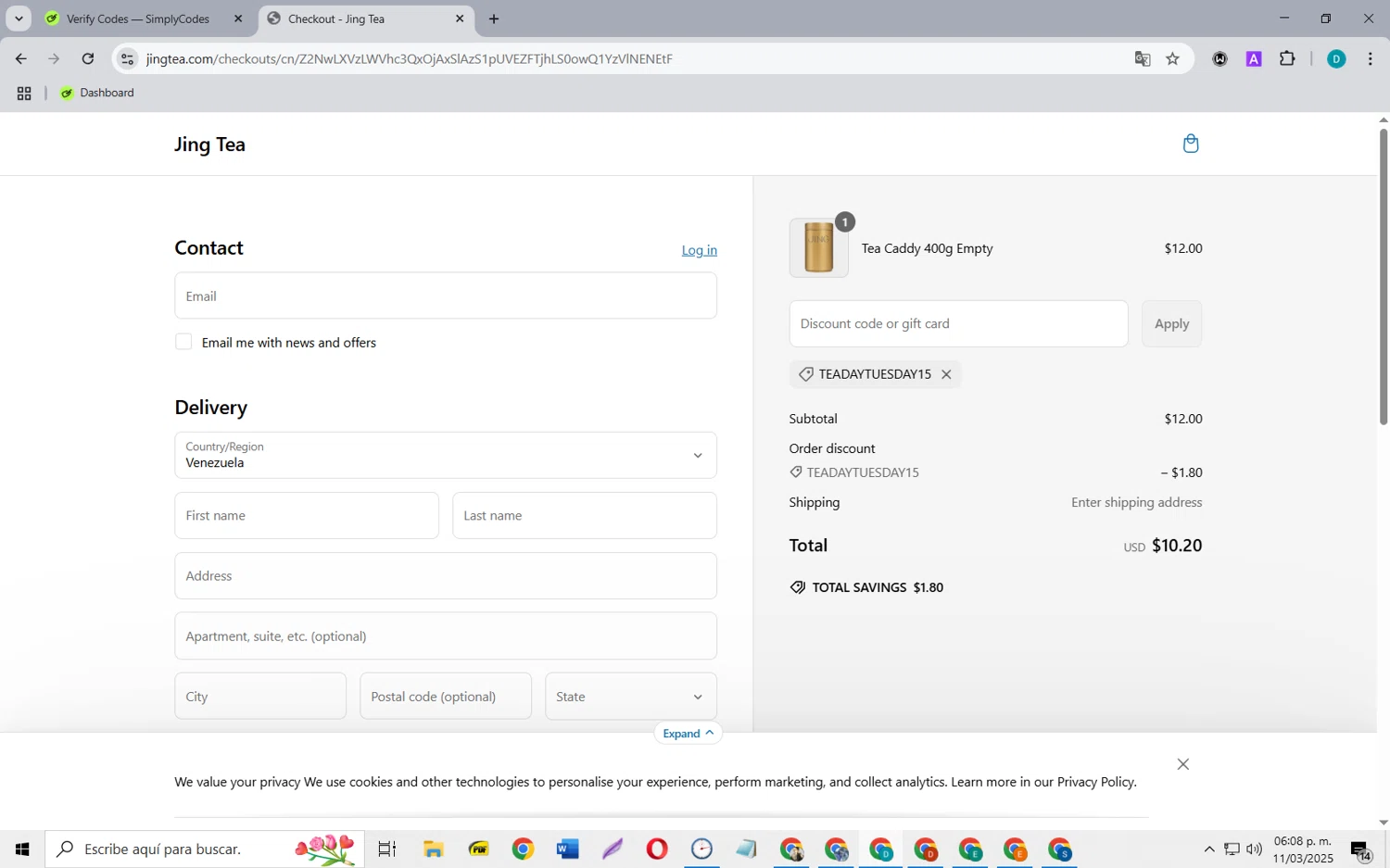 Jing Tea promo code screenshot showing code TEADAYTUESDAY15 applied at Jing Tea checkout page. Uploaded by SimplyCodes community member MagnificentCollector5368 on Mar 11, 2025