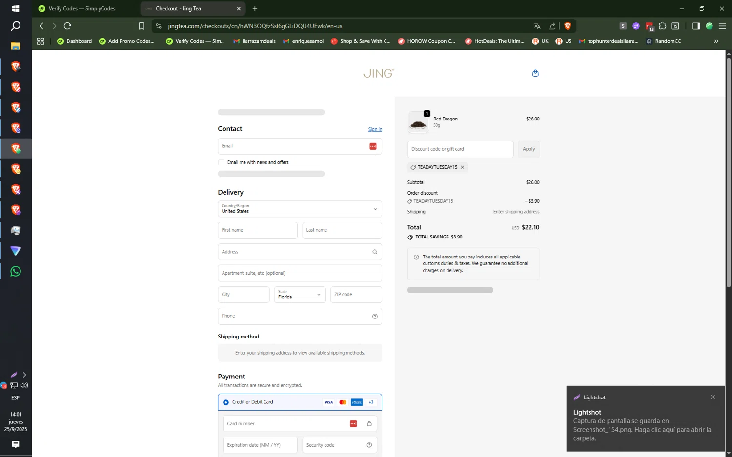 Jing Tea promo code screenshot showing code TEADAYTUESDAY15 applied at Jing Tea checkout page. Uploaded by SimplyCodes community member ilarrazaM5 on Sep 25, 2025