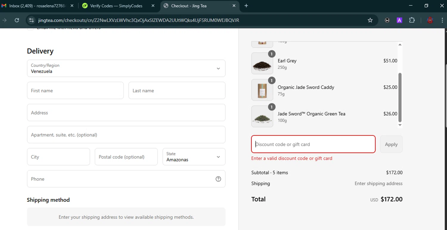 Jing Tea promo code screenshot showing code EXPLORE15 applied at Jing Tea checkout page. Uploaded by SimplyCodes community member VoucherHero6322 on May 17, 2025