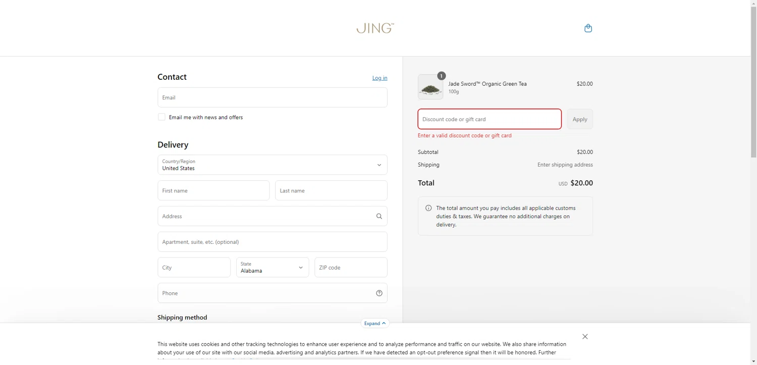 Jing Tea promo code screenshot showing code EXPLORE15 applied at Jing Tea checkout page. Uploaded by SimplyCodes community member ValiantWhiz6489 on May 17, 2025