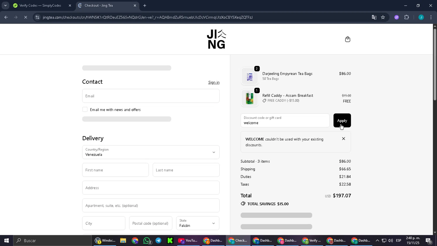 Jing Tea promo code screenshot showing code welcome applied at Jing Tea checkout page. Uploaded by SimplyCodes community member SmartMaverick5327 on Nov 15, 2025