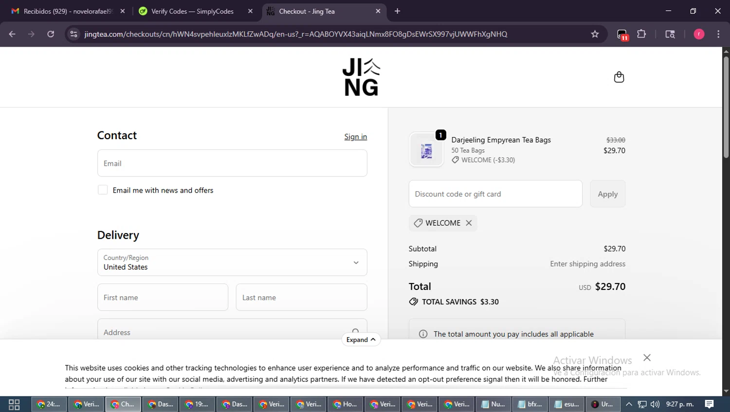 Jing Tea promo code screenshot showing code welcome applied at Jing Tea checkout page. Uploaded by SimplyCodes community member WisePro3739 on Nov 4, 2025