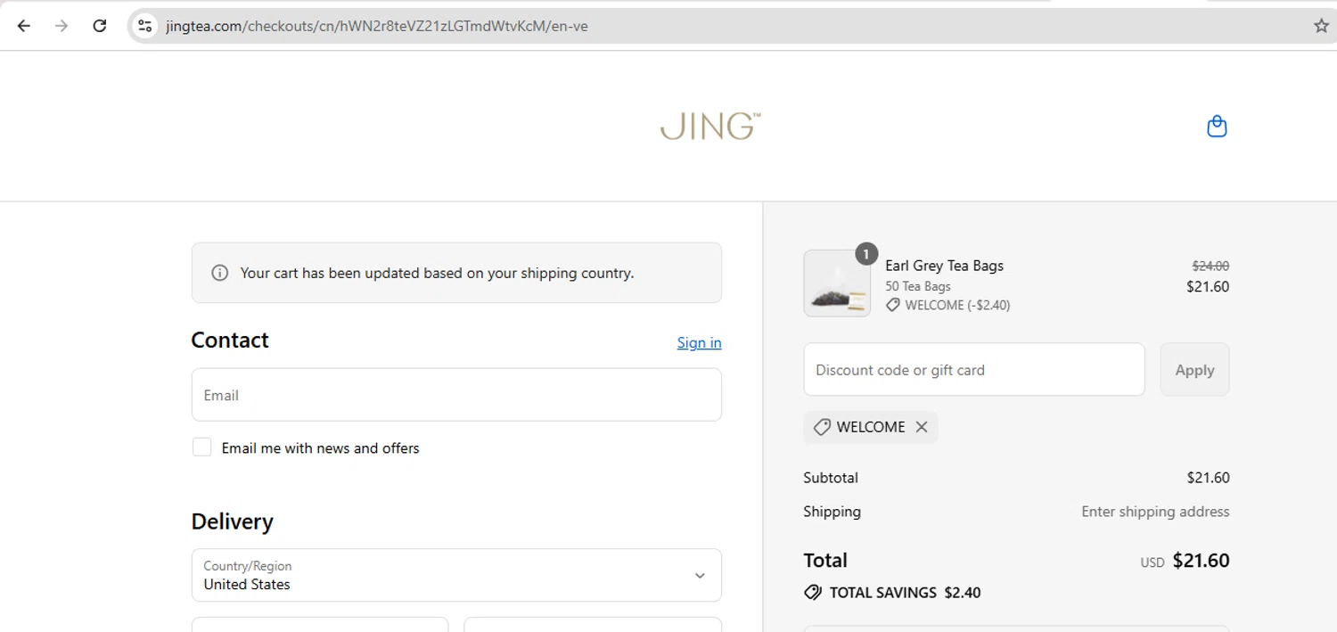 Jing Tea promo code screenshot showing code welcome applied at Jing Tea checkout page. Uploaded by SimplyCodes community member carol_lameda on Sep 11, 2025