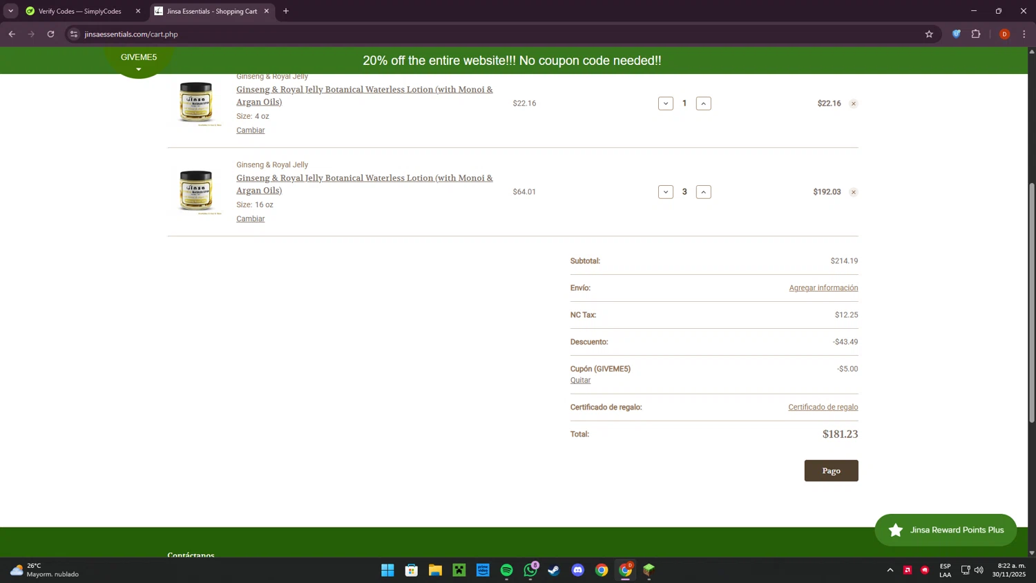 Jinsa Essentials coupon code screenshot showing code GIVEME5 applied at Jinsa Essentials checkout page. Uploaded by SimplyCodes community member LaCebolla on Nov 30, 2025