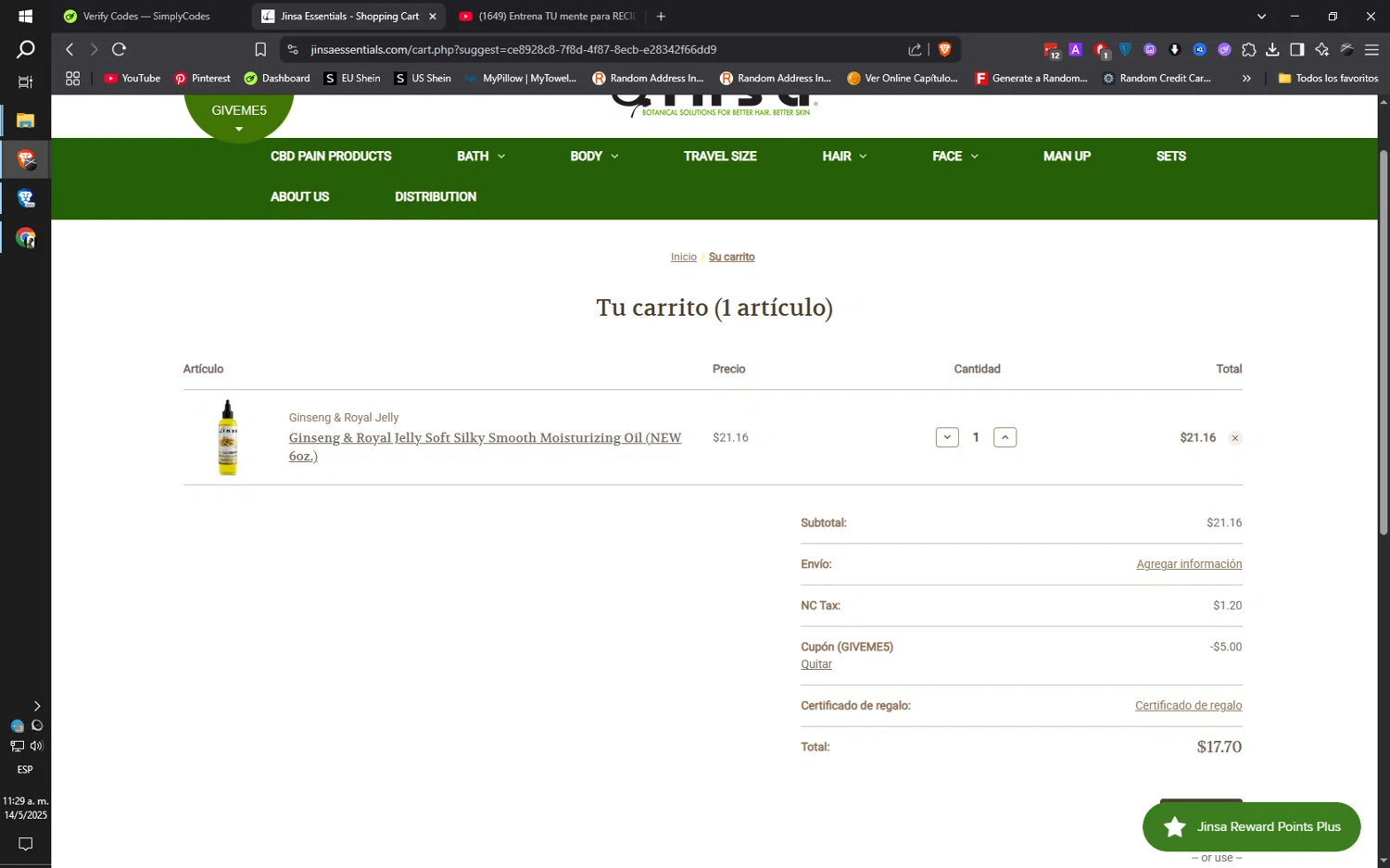 Jinsa Essentials coupon code screenshot showing code GIVEME5 applied at Jinsa Essentials checkout page. Uploaded by SimplyCodes community member ilarrazaM1 on May 14, 2025