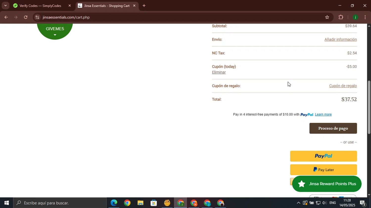 Jinsa Essentials coupon code screenshot showing code today applied at Jinsa Essentials checkout page. Uploaded by SimplyCodes community member jorgeroz on May 14, 2025