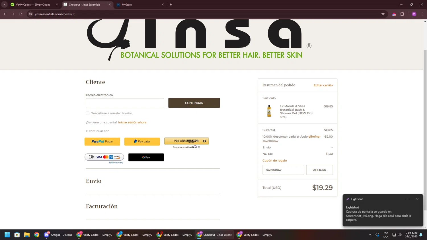 Jinsa Essentials coupon code screenshot showing code save10now applied at Jinsa Essentials checkout page. Uploaded by SimplyCodes community member PennyWizard1195 on Jan 16, 2025