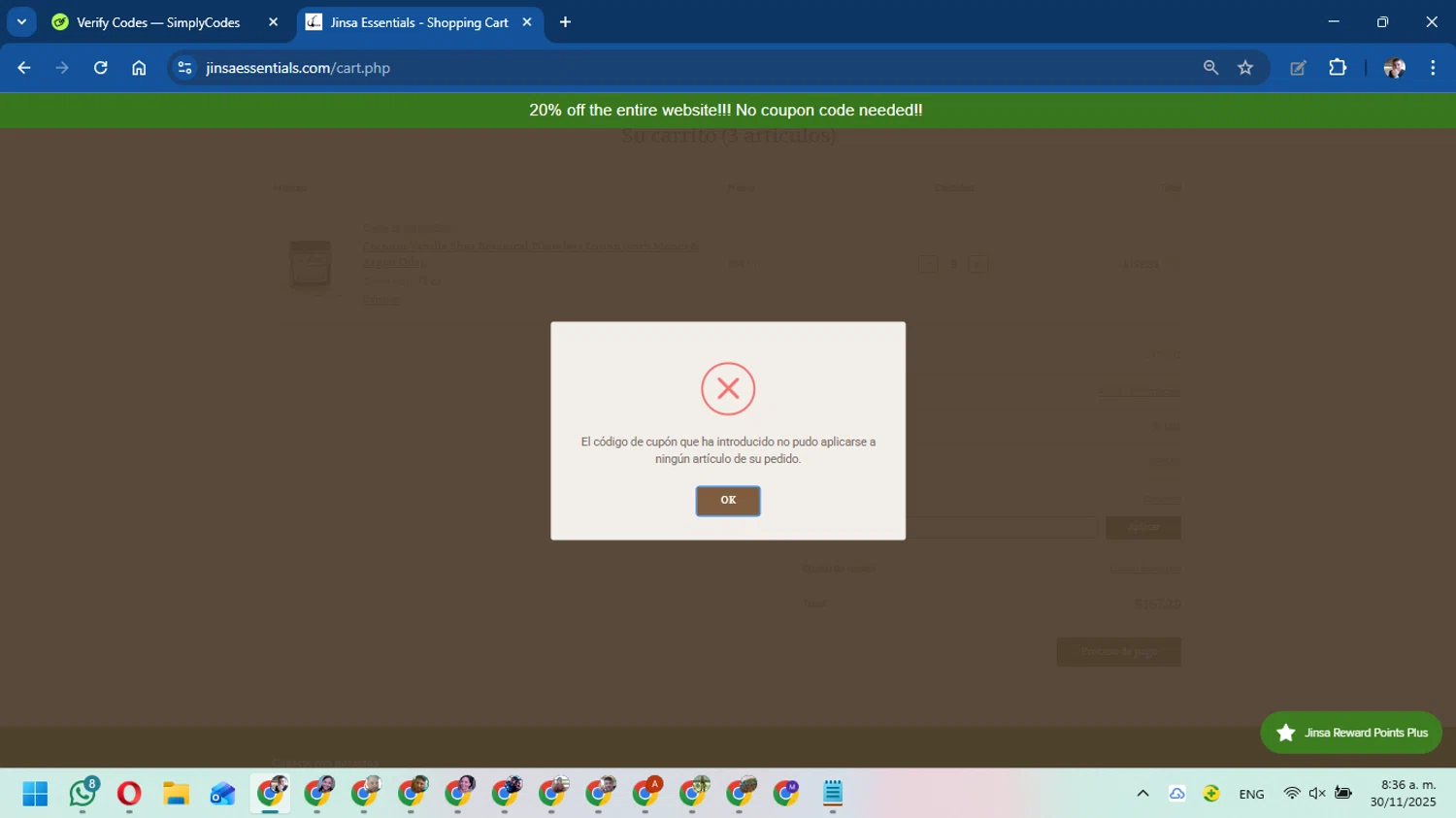 Jinsa Essentials coupon code screenshot showing code 10NOW applied at Jinsa Essentials checkout page. Uploaded by SimplyCodes community member DavidMGF on Nov 30, 2025