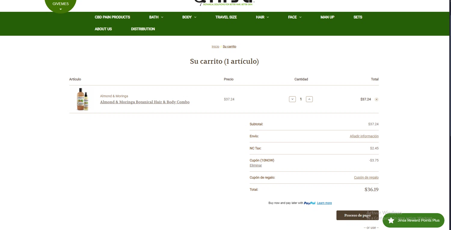Jinsa Essentials coupon code screenshot showing code 10NOW applied at Jinsa Essentials checkout page. Uploaded by SimplyCodes community member WonderGuardian4443 on May 14, 2025