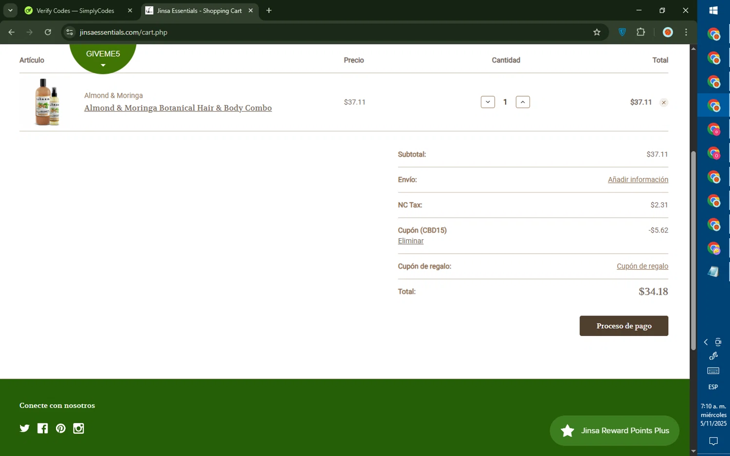 Jinsa Essentials checkout page showing Jinsa Essentials coupon code box | Screenshot taken by SimplyCodes community member on Nov 5, 2025