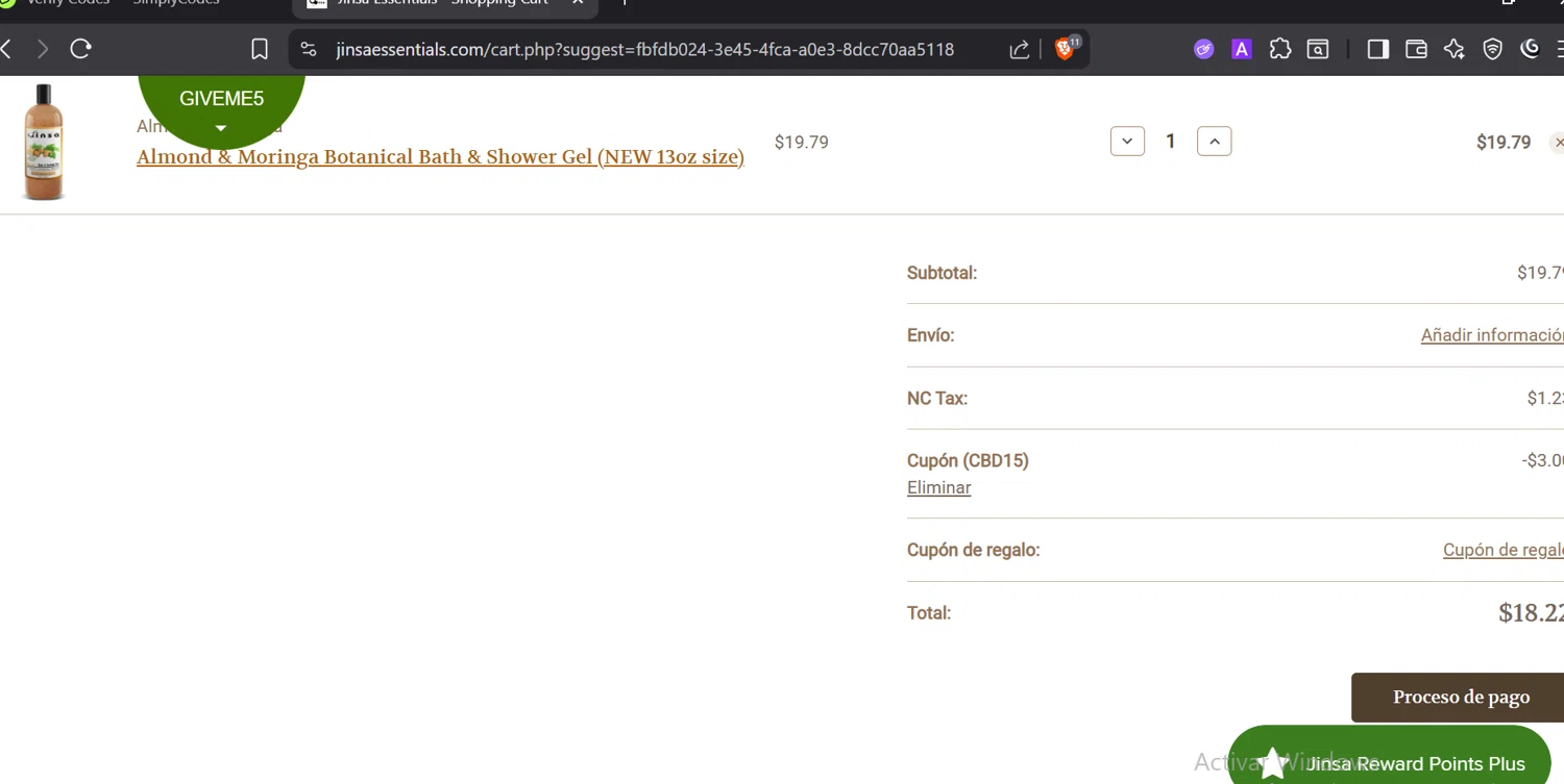 Jinsa Essentials checkout page showing Jinsa Essentials coupon code box | Screenshot taken by SimplyCodes community member on Nov 5, 2025