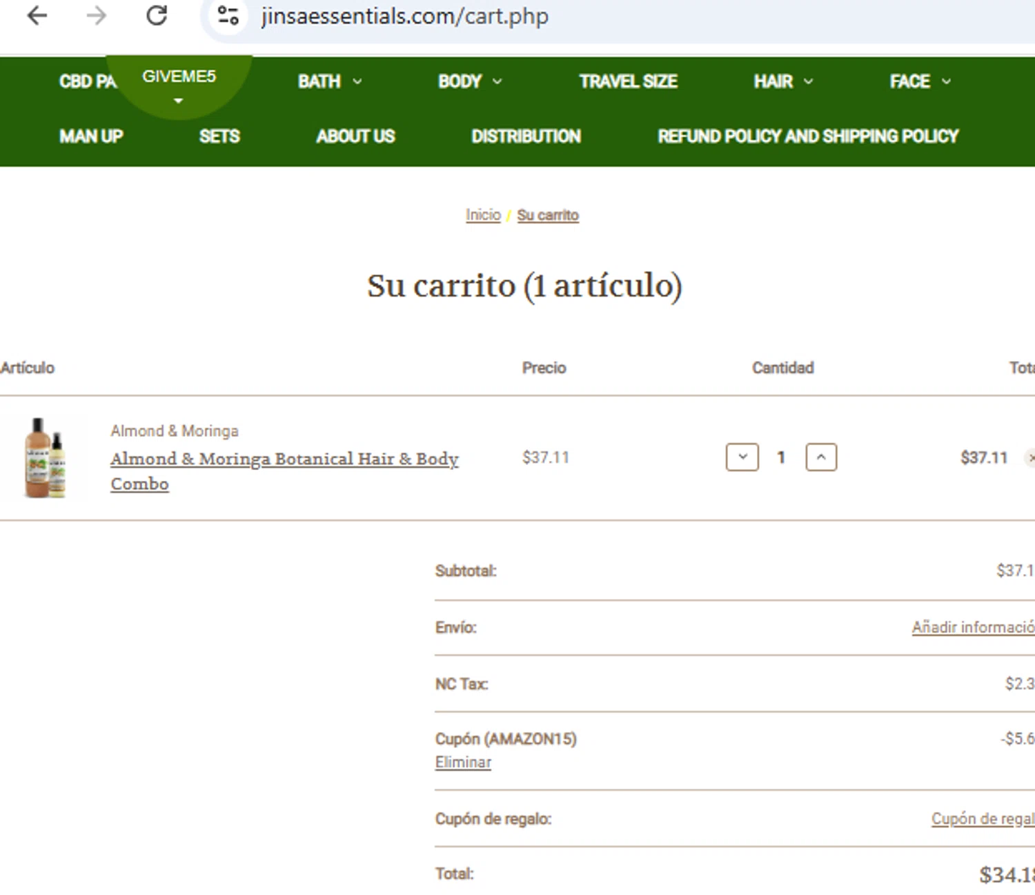Jinsa Essentials checkout page showing Jinsa Essentials coupon code box | Screenshot taken by SimplyCodes community member on Nov 9, 2025