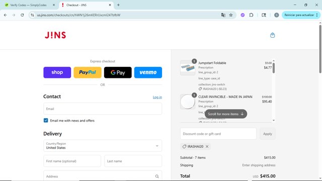 JINS Eyewear checkout page showing JINS Eyewear promo code box | Screenshot taken by SimplyCodes community member on Aug 12, 2025