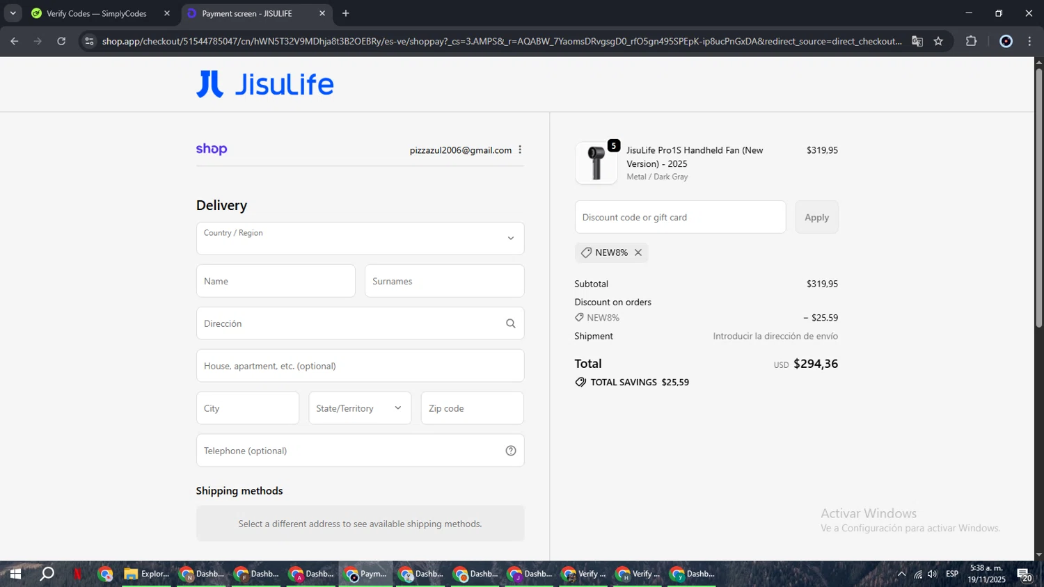 JISULIFE promo code screenshot showing code NEW8% applied at JISULIFE checkout page. Uploaded by SimplyCodes community member RoyalBoss4384 on Nov 19, 2025