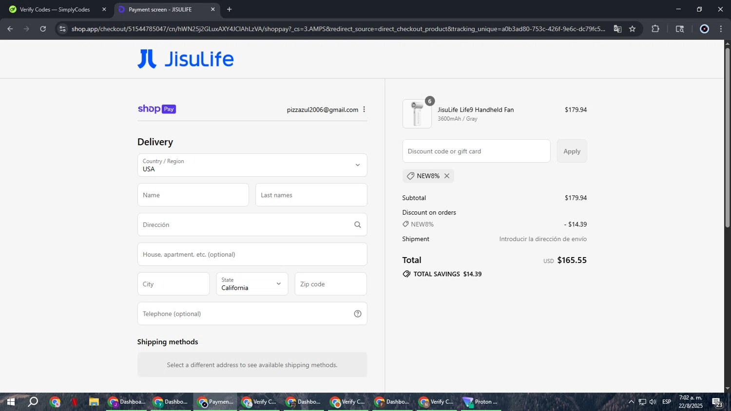 JISULIFE promo code screenshot showing code NEW8% applied at JISULIFE checkout page. Uploaded by SimplyCodes community member RoyalBoss4384 on Aug 22, 2025