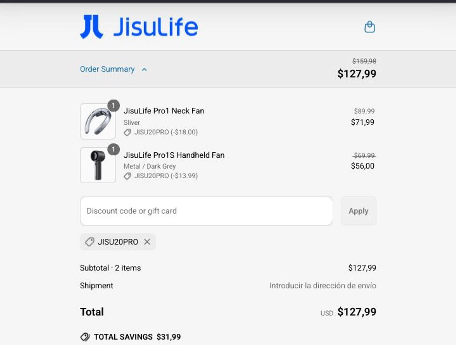 JISULIFE promo code screenshot showing code JISU20PRO applied at JISULIFE checkout page. Uploaded by SimplyCodes community member MarkGrayson on May 25, 2025