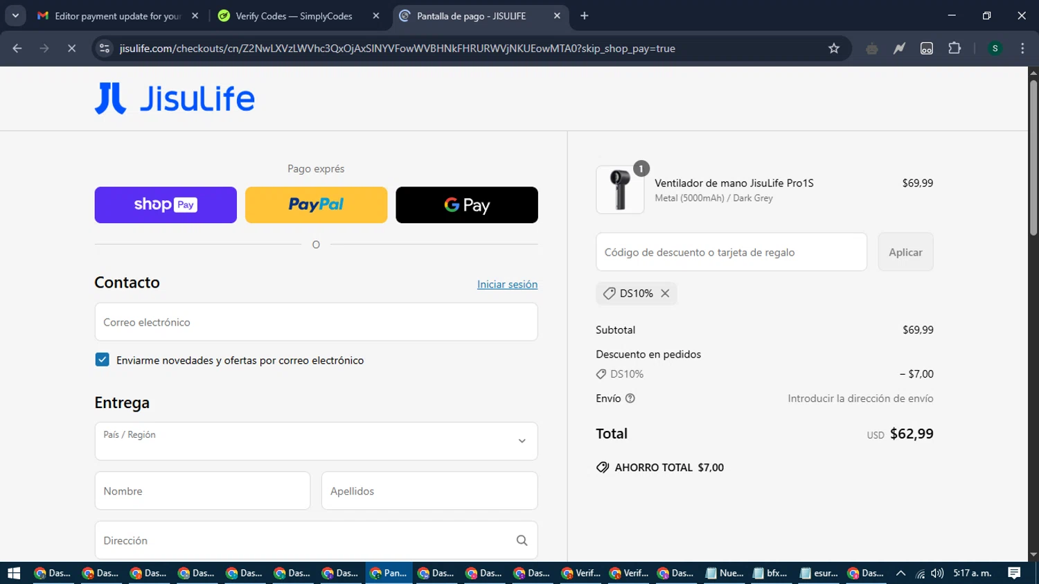 JISULIFE promo code screenshot showing code DS10% applied at JISULIFE checkout page. Uploaded by SimplyCodes community member ShrewdAce7935 on Apr 28, 2025