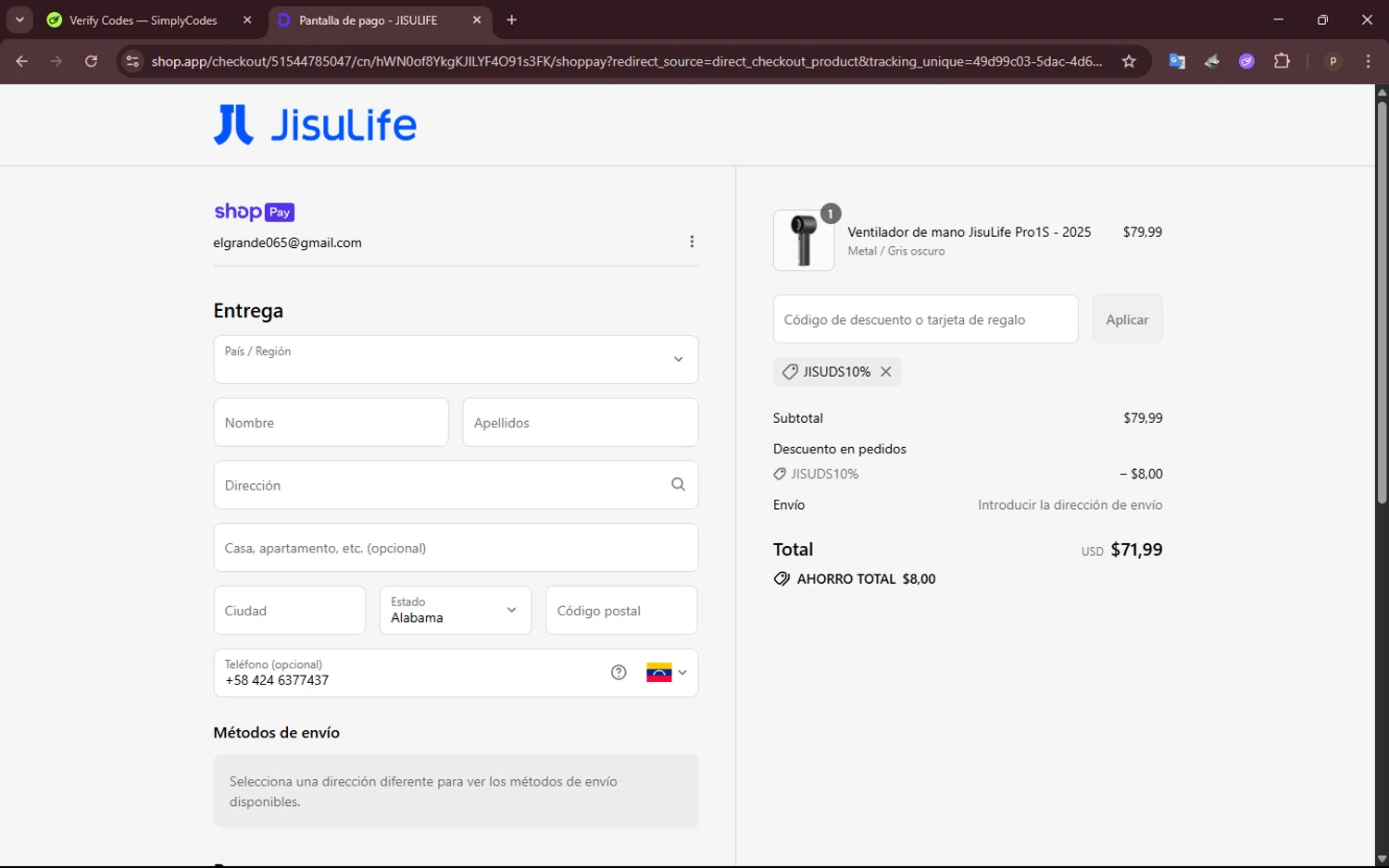 JISULIFE promo code screenshot showing code JISUDS10% applied at JISULIFE checkout page. Uploaded by SimplyCodes community member NobleShopper9818 on Jul 19, 2025