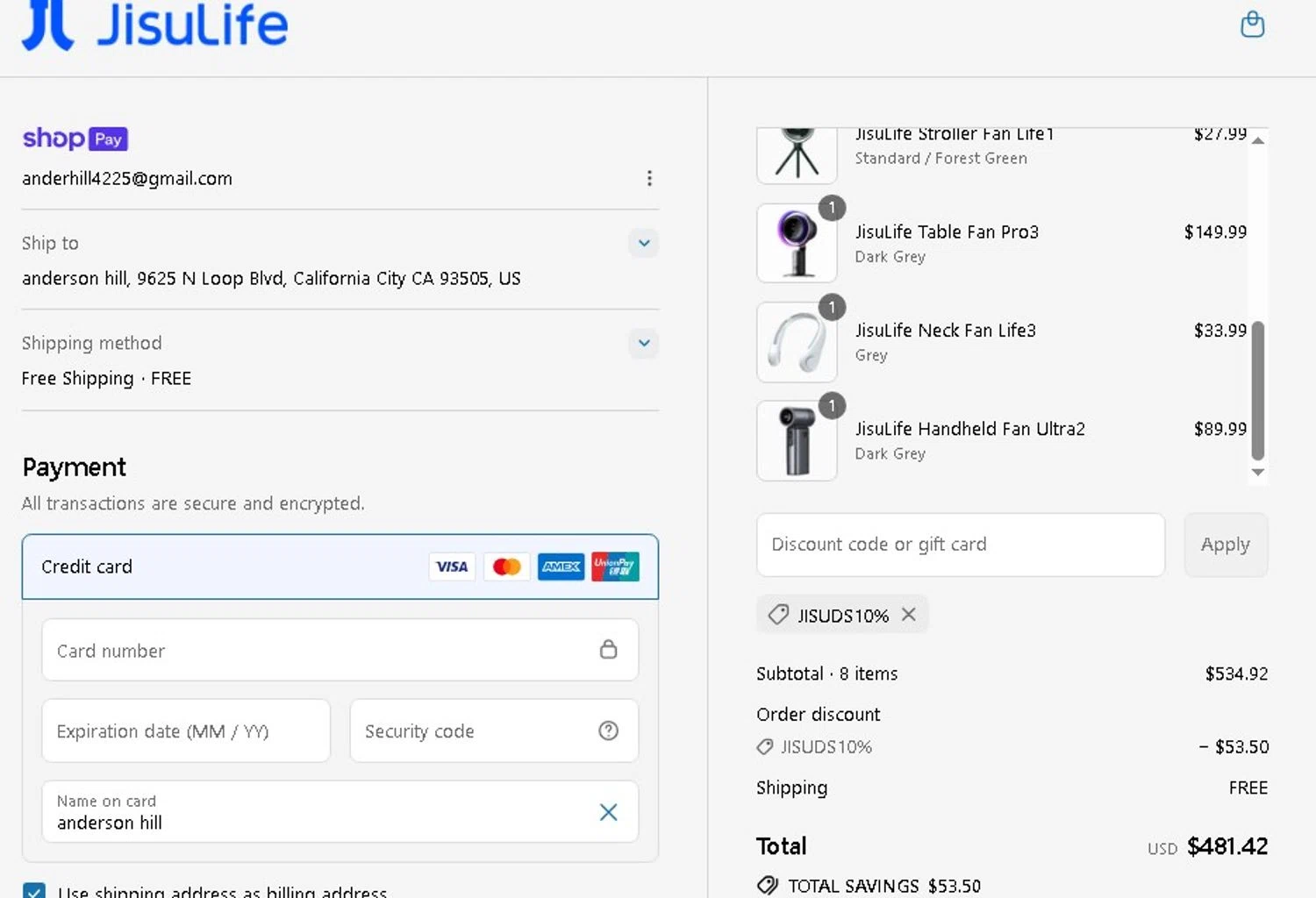 JISULIFE promo code screenshot showing code JISUDS10% applied at JISULIFE checkout page. Uploaded by SimplyCodes community member Elcompa on Jul 19, 2025