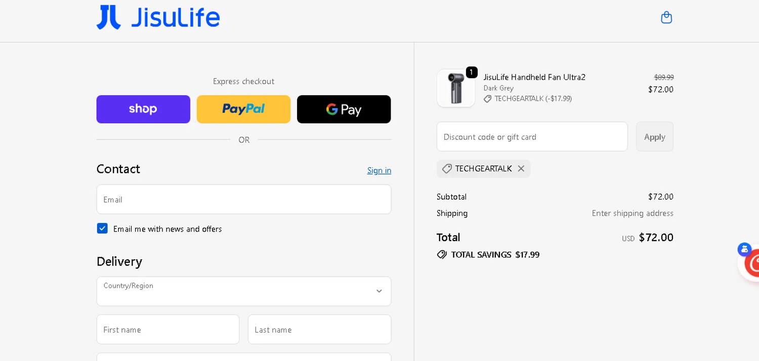 JISULIFE promo code screenshot showing code TechGearTalk applied at JISULIFE checkout page. Uploaded by SimplyCodes community member shark12 on Dec 21, 2025