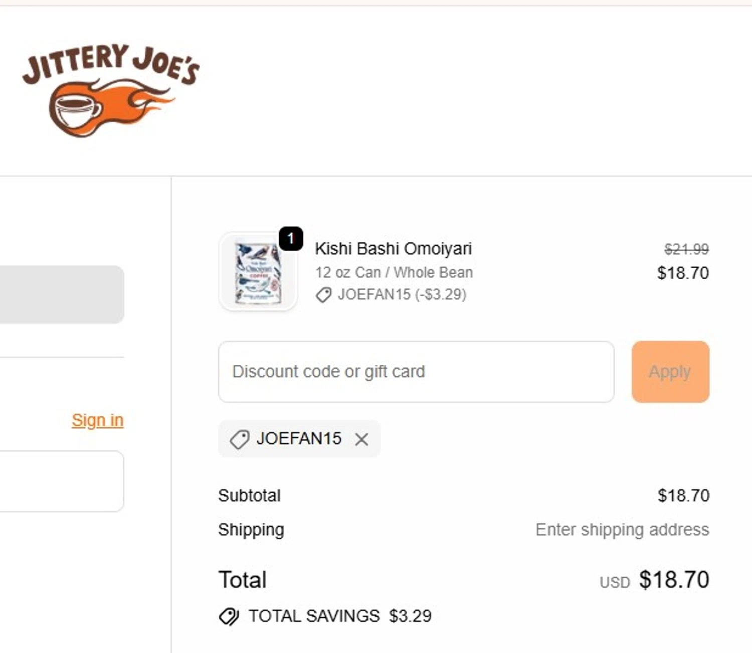 Jittery Joe's discount code screenshot showing code JOEFAN15 applied at Jittery Joe's checkout page. Uploaded by SimplyCodes community member MoneyFalcon5538 on Nov 30, 2025