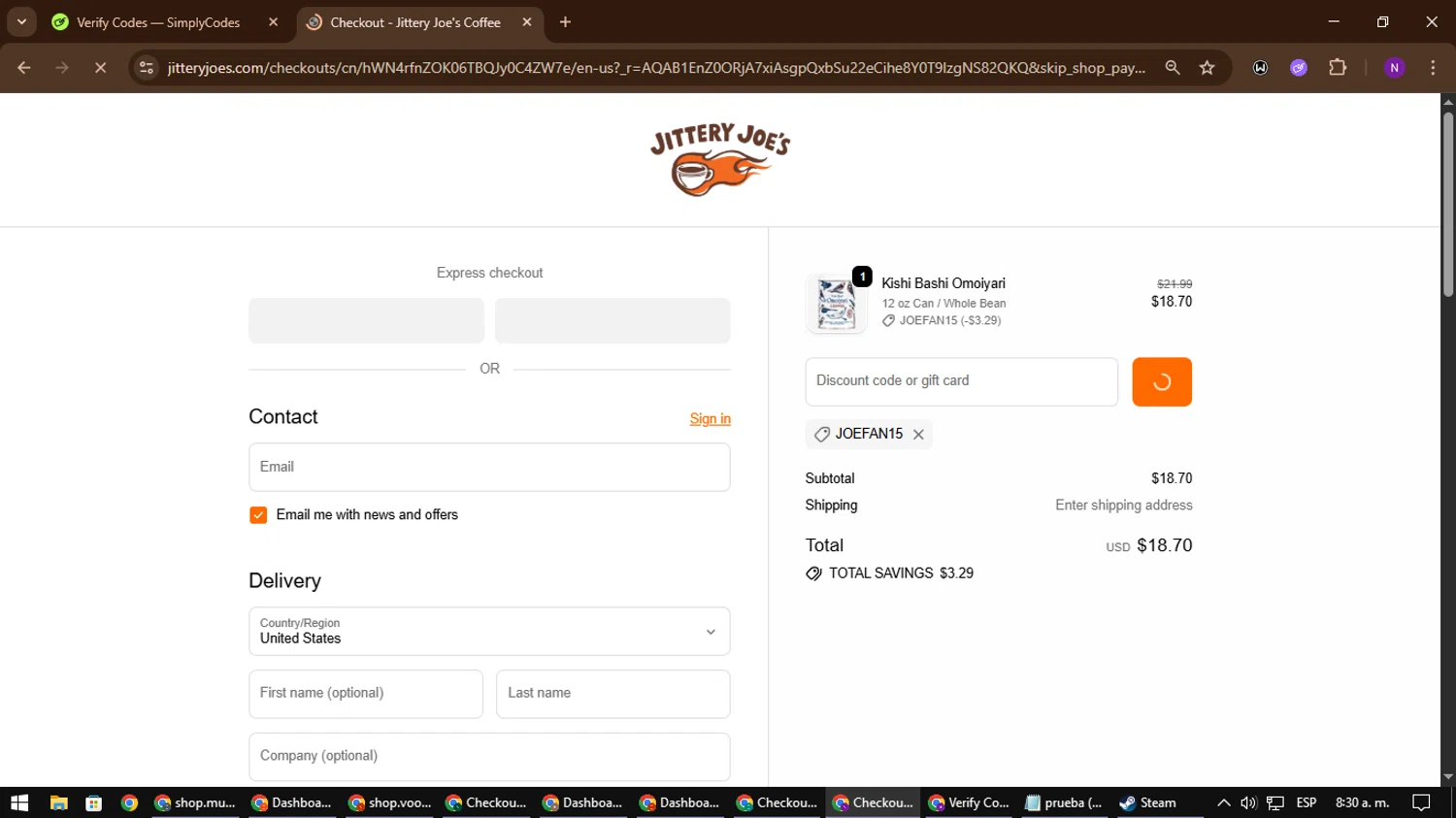 Jittery Joe's discount code screenshot showing code JOEFAN15 applied at Jittery Joe's checkout page. Uploaded by SimplyCodes community member NATAAAAAANAELCANO on Nov 3, 2025