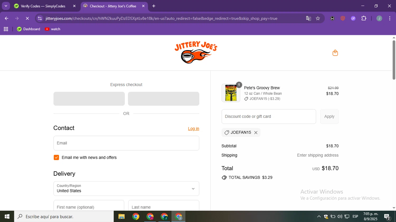 Jittery Joe's discount code screenshot showing code JOEFAN15 applied at Jittery Joe's checkout page. Uploaded by SimplyCodes community member ShieldSpotter3995 on Sep 8, 2025