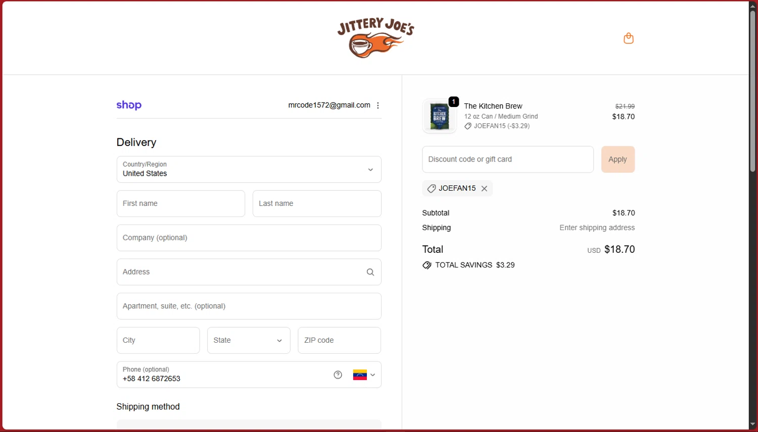 Jittery Joe's checkout page showing Jittery Joe's discount code box | Screenshot taken by SimplyCodes community member on Jan 23, 2026